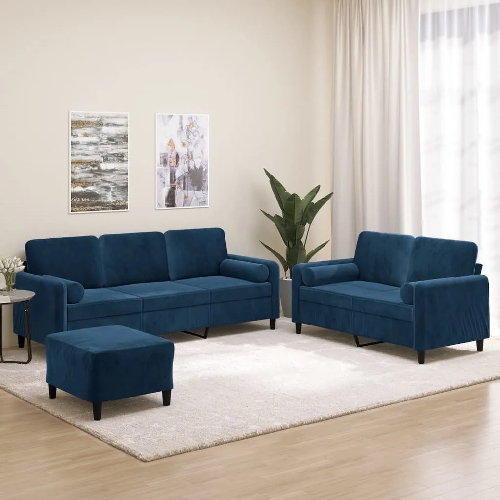 vidaXL 3 pcs conjunto sofás c/ almofadas/almofadões veludo azul