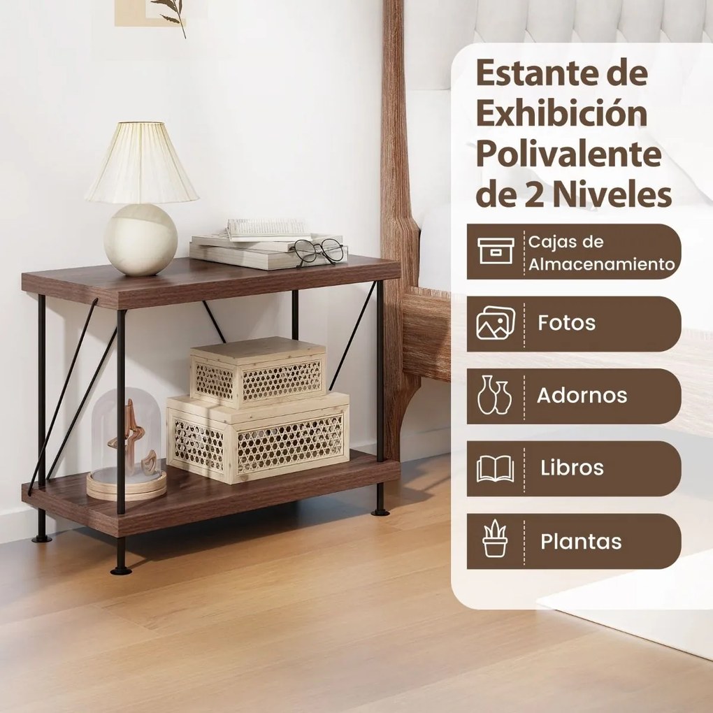 Estante multifunções de 2 níveis com estrutura metálica Estante para arrumação doméstica 60 x 45 cm Nogueira