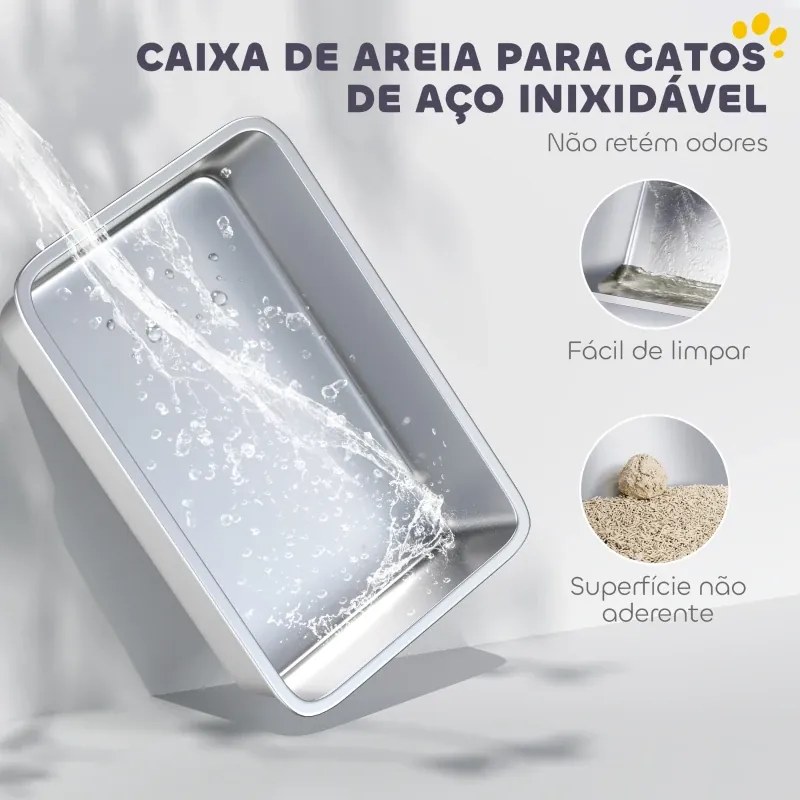 Caixa de Areia XL para Gatos 60,2x40,2x29,7 cm em Aço Inoxidável com Bordas Altas Pá Fácil de Limpar Antifugas Cinzento