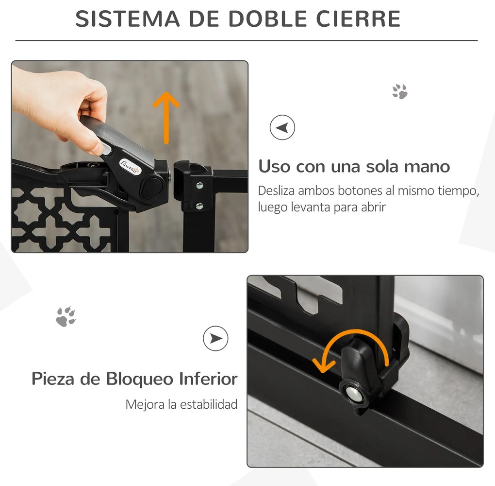 PawHut Barreira de Segurança para Cães Animais de Estimação para Portas Escadas Corredores 74-105cm com 2 Extensões de 10/15cm com Porta e Fechadura Automática Aço Preto