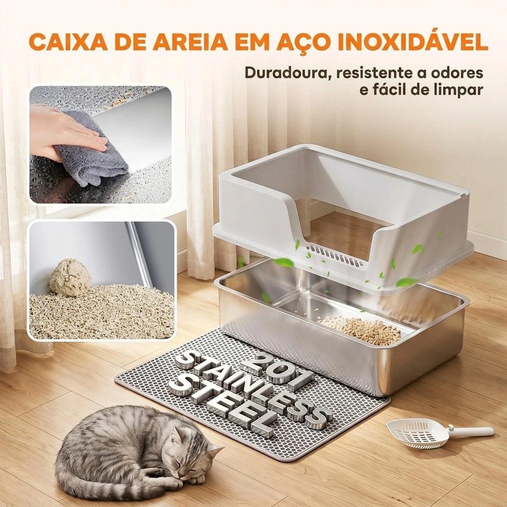 Caixa de Areia XL para Gatos em Aço Inoxidável com Rebordo Alto Pá Escova e Gancho Cinza Claro