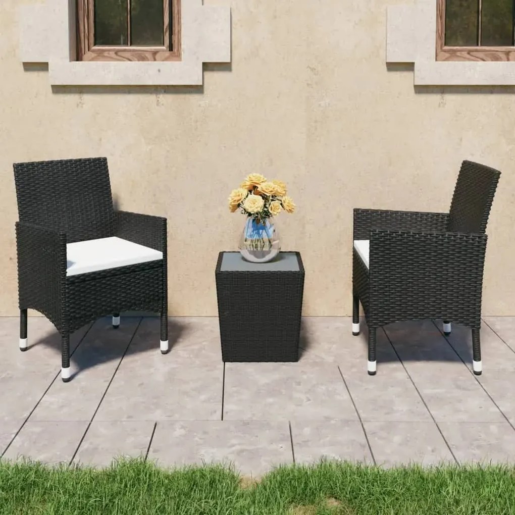 3 pcs conjunto bistrô p/ jardim vime PE e vidro temperado preto