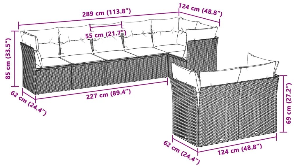 8 pcs conj. sofás jardim c/ almofadões vime PE cinzento-claro