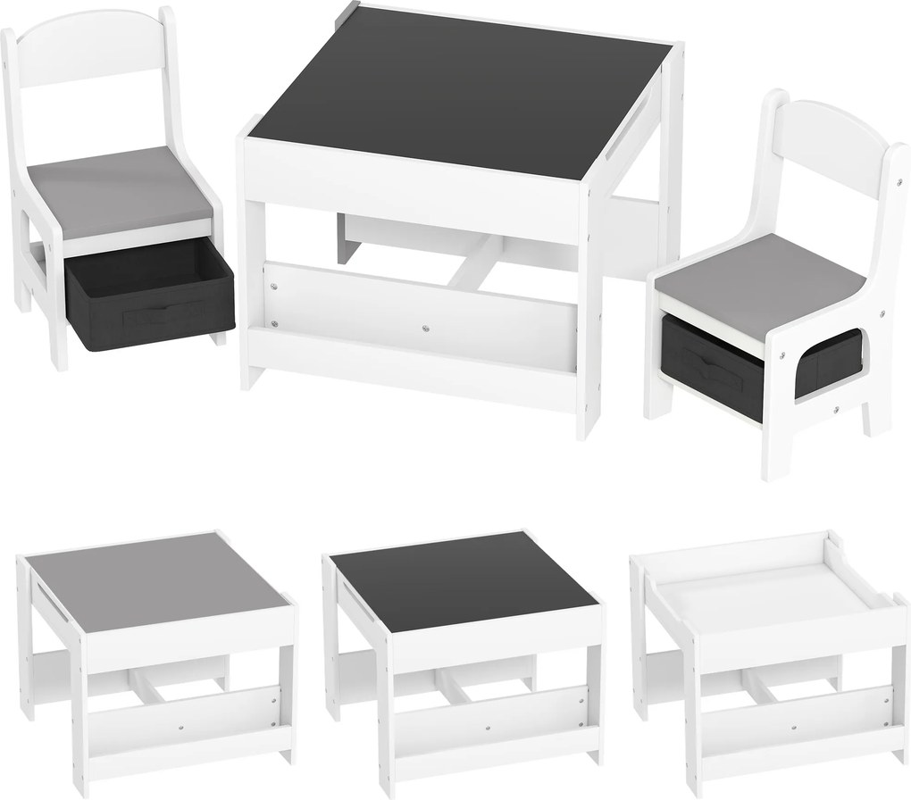 HOMCOM Conjunto de Mesa e 2 Cadeiras Infantis 2 em 1 com Ardósia Gavetas de Tecido e Espaço de Armazenamento para Quarto Cinza | Aosom Portugal