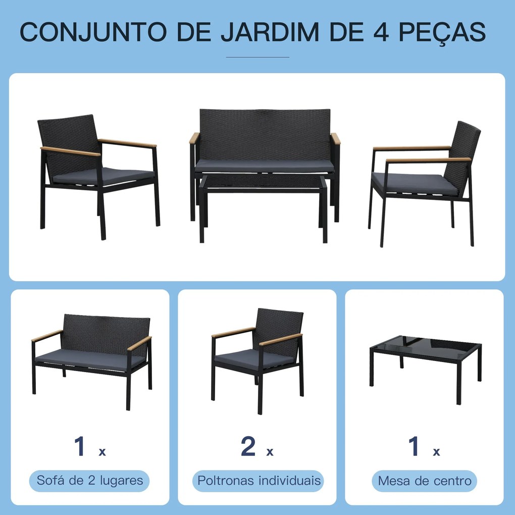 Conjunto de Móveis de Vime e 4 Peças com Almofadas Acolchoadas 2 Poltr