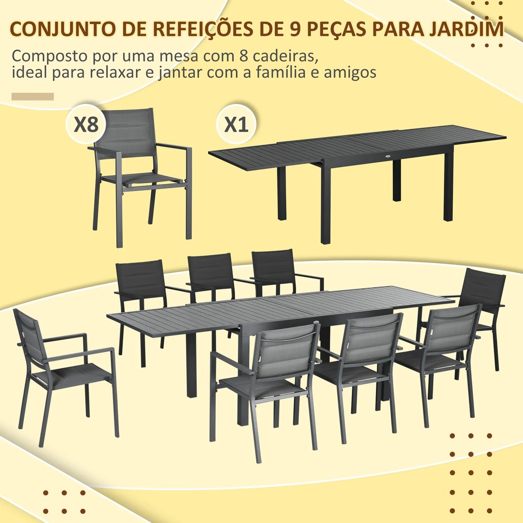 Outsunny Conjunto Móveis de Jardim 9 Peças Conjunto de Refeição para Varanda com Mesa Extensível 8 Cadeiras Empilháveis Estrutura de Alumínio e Assento de Textilene 135-270x89x74cm Cinza