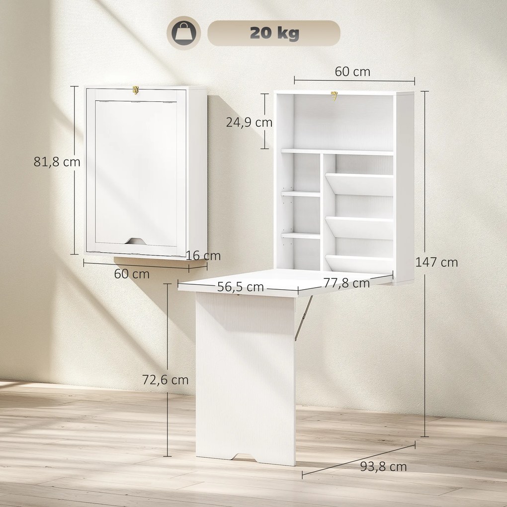 Secretária dobrável de parede, mesa dobrável de parede com prateleiras para sala de estar, sala de jantar, escritório, 93,8 x 60 x 147 cm, branco