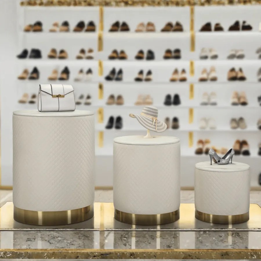 CONJUNTO DE 3 BANCOS/BÁUS COM ARMAZENAMENTO Ø 60X80-50X60-40X40 CM CREME E DOURADO