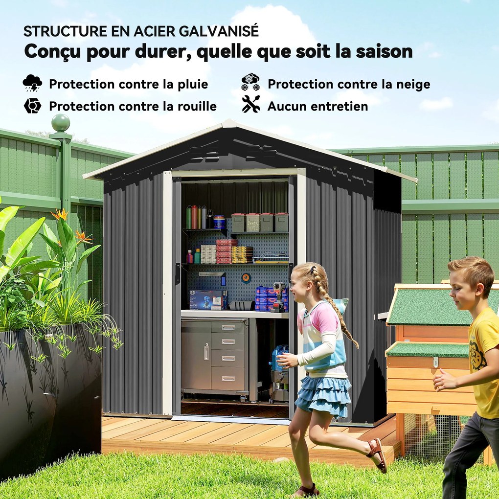 Abrigo de jardim em metal 194 x 107 x 191 cm com amplo espaço de arrumação exterior e portas de correr cinzento escuro