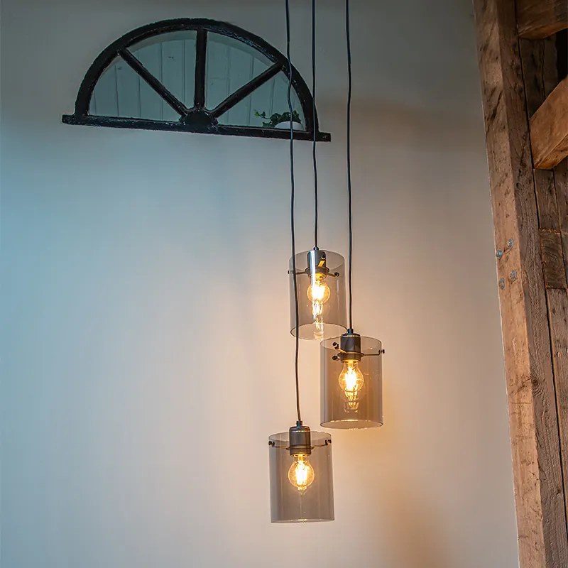 Candeeiro de suspensão design preto com vidro fumê 3 luzes - Dome