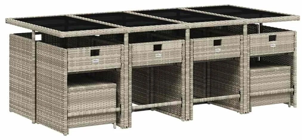 13 pcs conj. jantar jardim c/ almofadões vime PE cinzento-claro