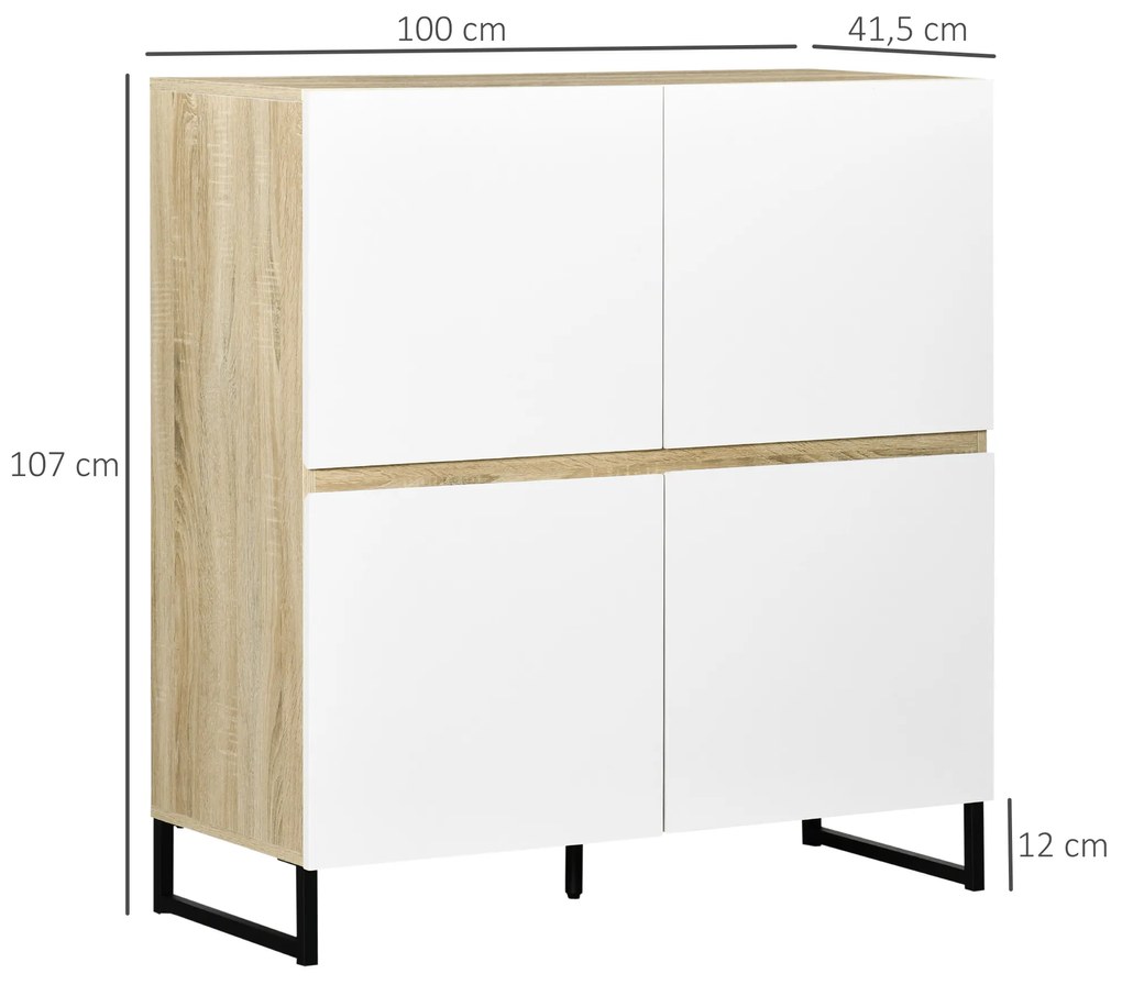 HOMCOM Aparador de Cozinha Moderno com 4 Compartimentos e Prateleiras Ajustáveis Móvel Auxiliar de Armazenamento para Sala de Jantar Sala de Estar 100x41,5x107cm Branco e Carvalho