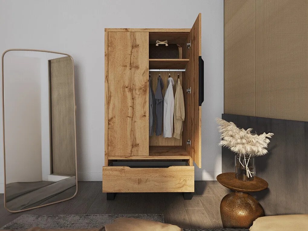 Roupeiro Avicavu 113, Preto, Carvalho wotan, 190x99x60cm, 119 kg, Portas para roupeiro: Com dobradiças