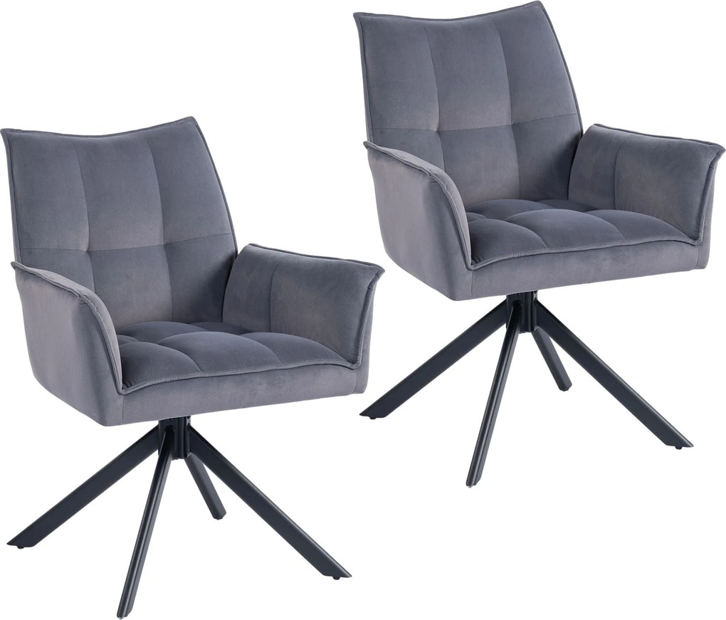 Conjunto de 2 Cadeiras de Refeição Giratórias 360° (MESA NÃO INCLUÍDA) Estofado Estofamento em Veludo Pés em Aço 63x64x85 cm Cinza