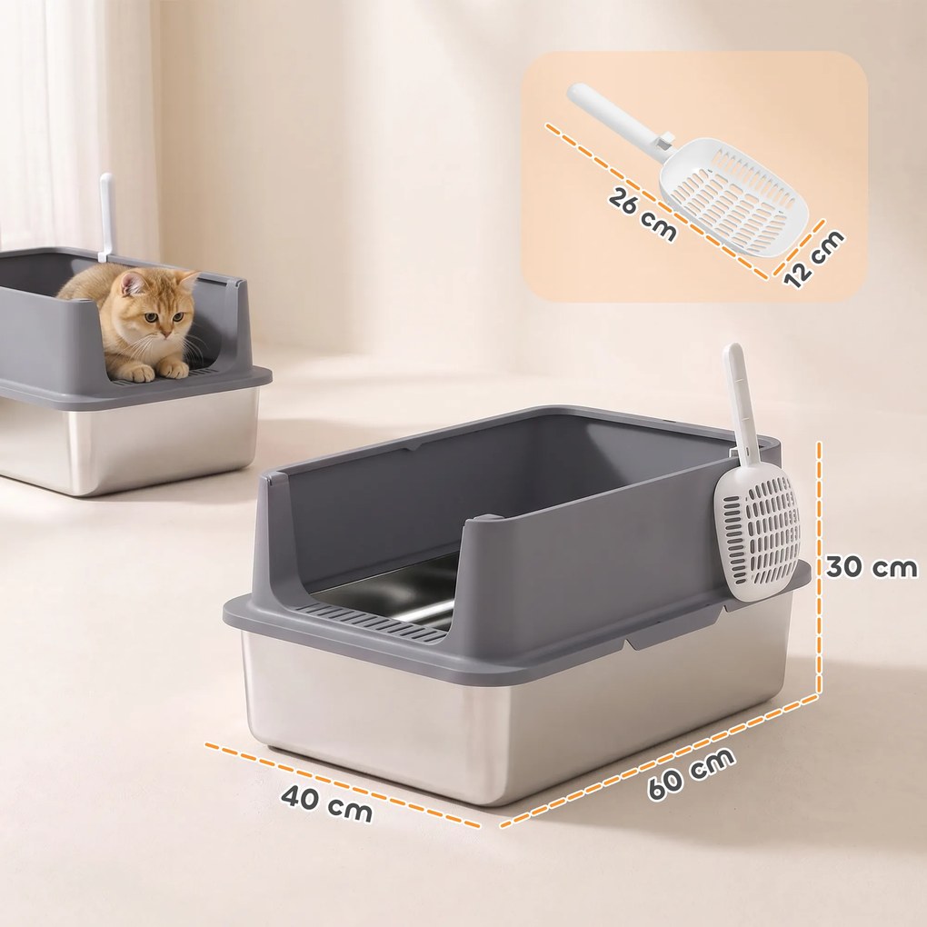Conjunto de 2 Caixas de Areia XL em Aço Inoxidável com Bordo Alto e 2 Pás para Gatos Grandes e Vários Gatos Cinza Escuro