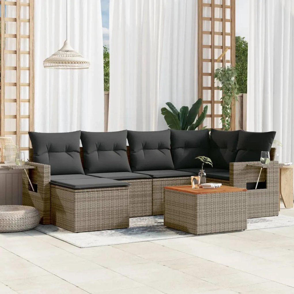 vidaXL 7 pcs conjunto sofás p/ jardim c/ almofadões vime PE cinzento