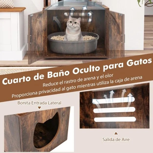Armário caixa areia de gatos com 3 Estantes Portas de entrada lateral 60 x 45,5 x 142 cm Castanho