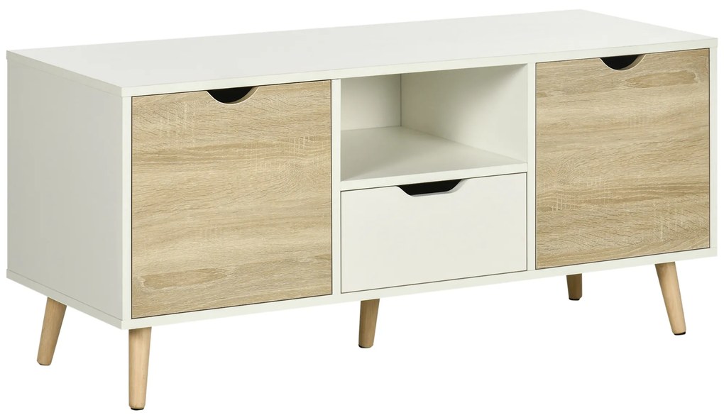 HOMCOM Móvel de TV com Gaveta 2 Portas e Prateleira Mesa de TV para Televisores de até 50 Polegadas Aparador de Sala de Estar 110x40x50cm Branco e Madeira