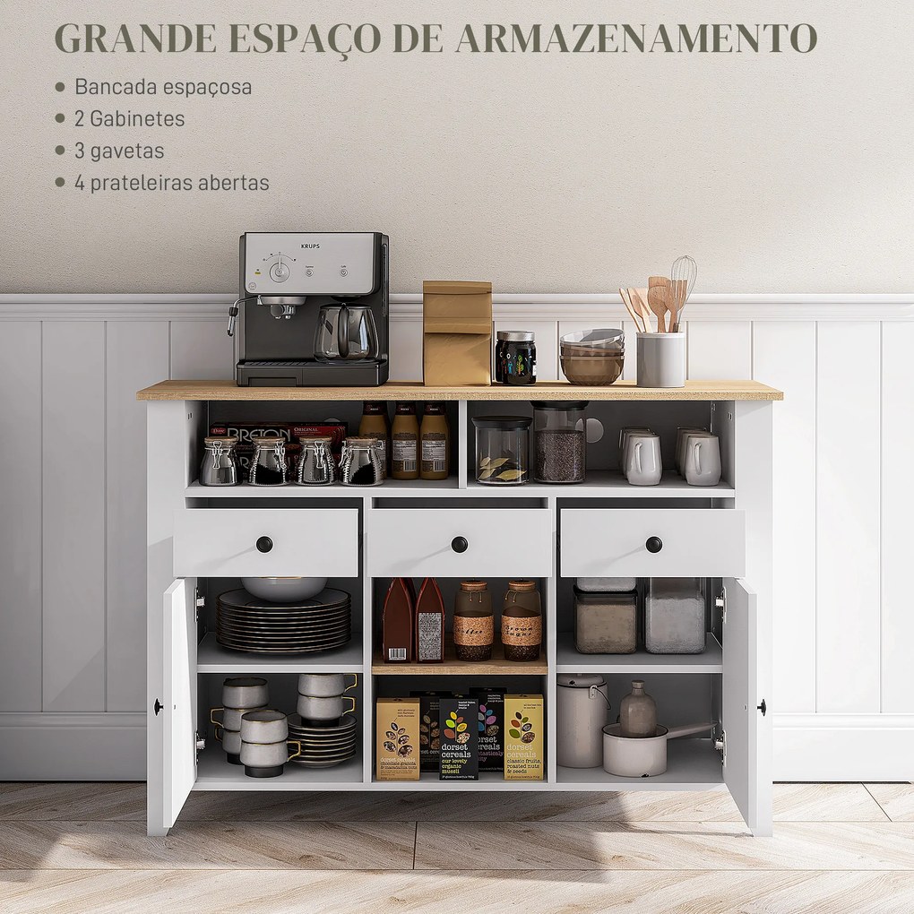 Aparador de Cozinha com 3 Gavetas 2 Armários 2 Prateleiras Abertas e 2 Prateleiras Ajustáveis Moderno 120x38x82 cm Branco