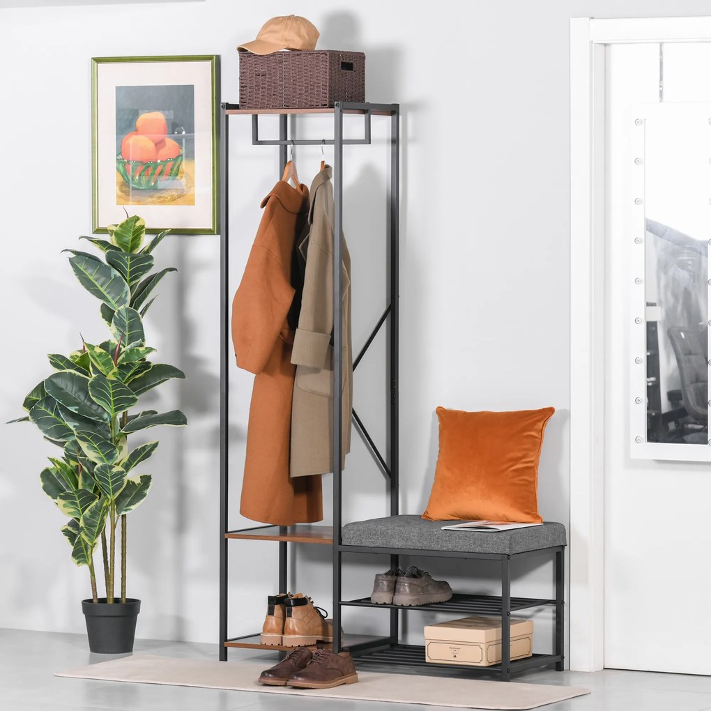 HOMCOM Móvel Cabide de Entrada com Sapateira Banco e Prateleiras Armário de Entrada com Cabides 104,5x42x180,5cm Marrom e Preto