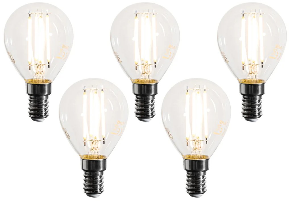 Conjunto de 5 lâmpadas de filamento LED E14 reguláveis G45 transparentes 4W 470 lm 2700K