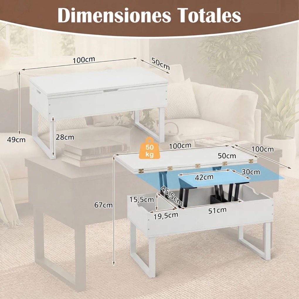 Mesa de centro conversível 3 em 1 com tampo elevável 100 x 50 x 49 cm e 3 compartimentos ocultos de madeira para sala de estar Branca