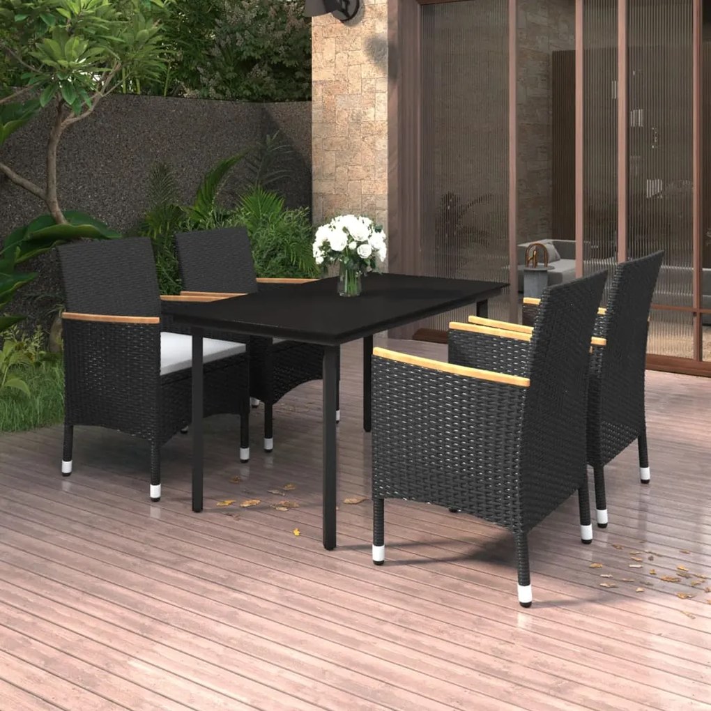 vidaXL 5 pcs conjunto de jantar p/ jardim c/ almofadões vime PE/vidro