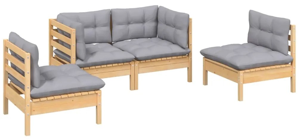 4 pcs conjunto lounge de jardim + almofadões cinza pinho maciço