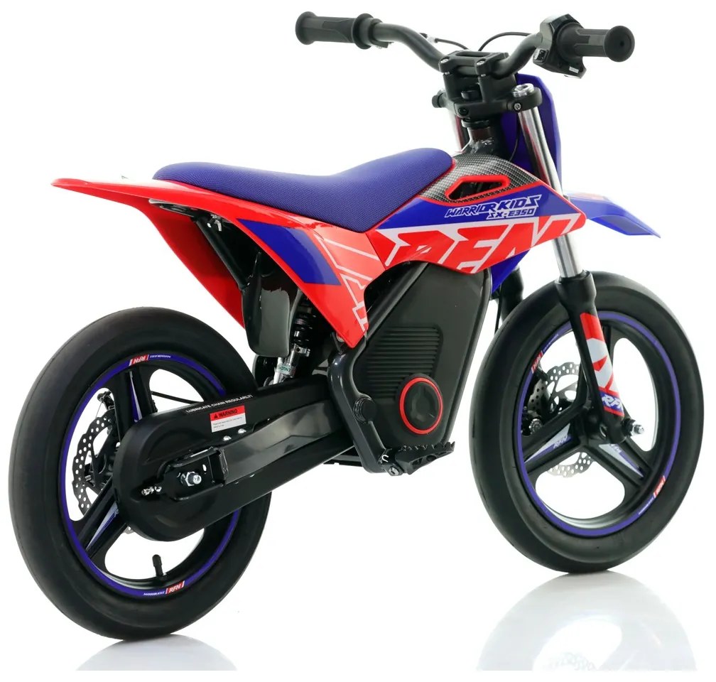 Mini moto elétrica para crianças velocidade até 30Km/h C/Limitador RFN SX-E350 WARRIOR 350W Supermotard 14/14” Azul e Vermelho