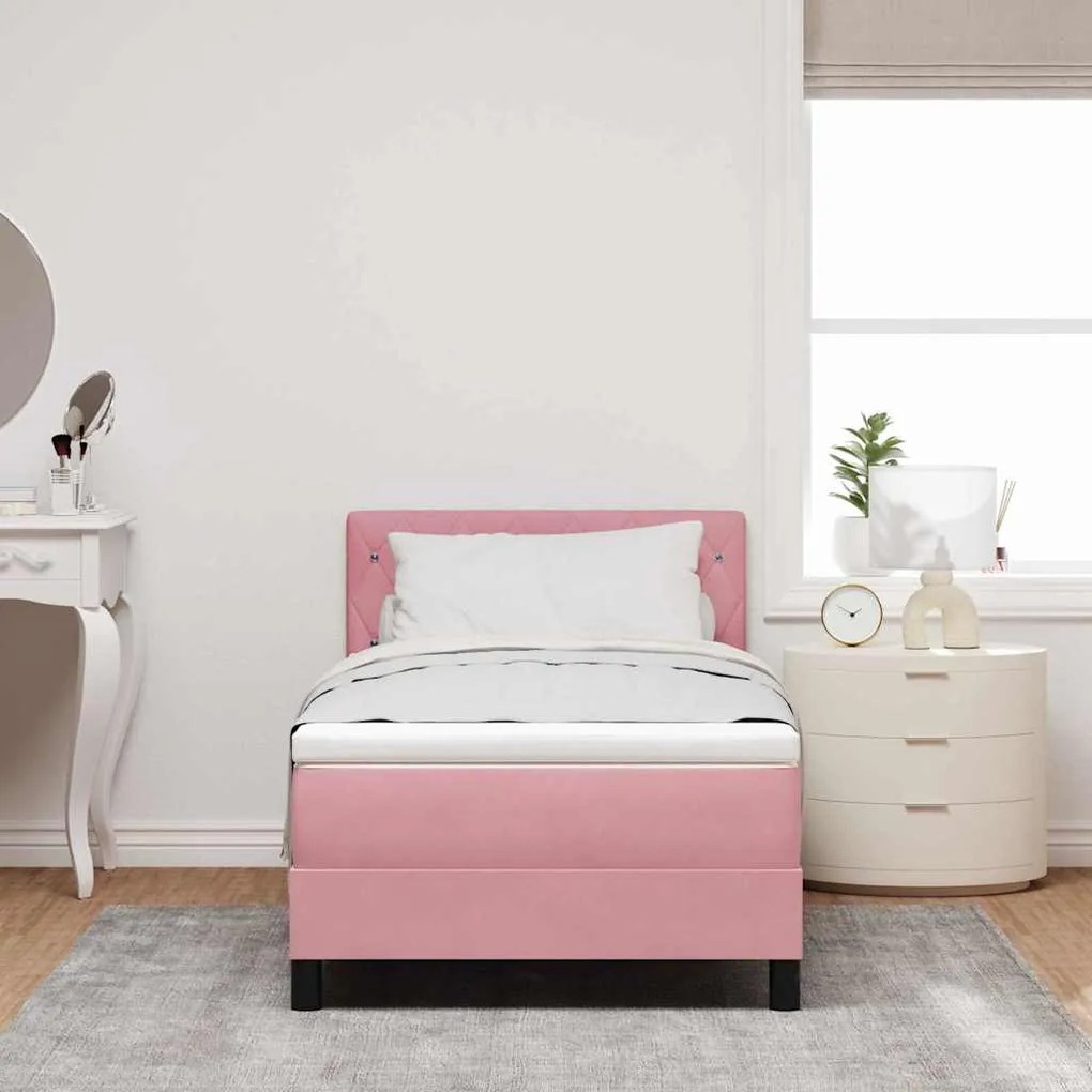 Cama Box Spring com Colchão Rosa Veludo Individual