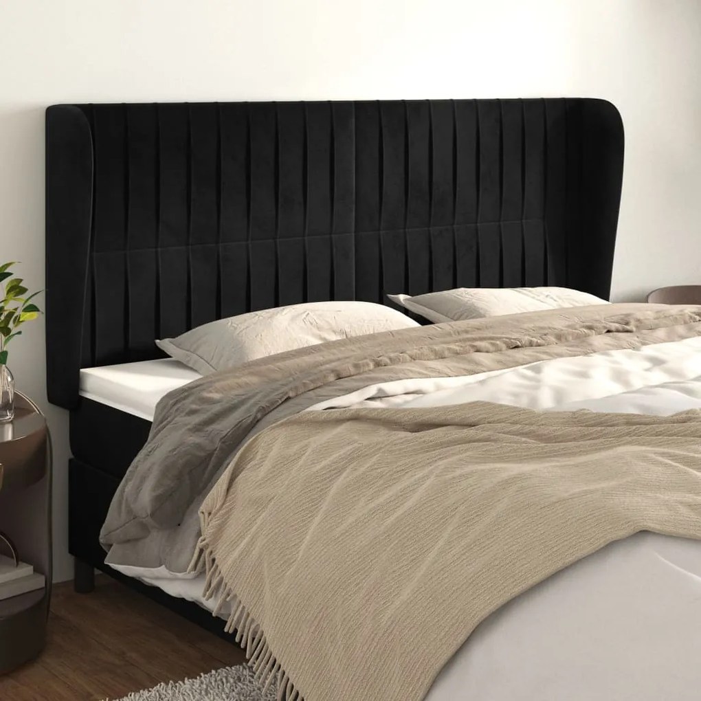 Cabeceira de cama c/ abas veludo 203x23x118/128 cm preto