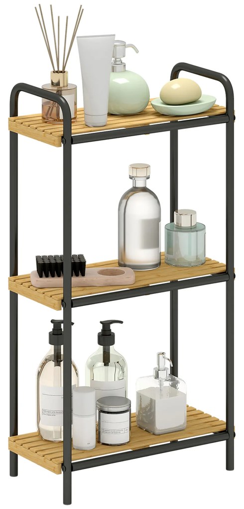 HOMCOM Estante de Casa de Banho de Bambu de 3 Níveis Estante de Armazenamento com 3 Prateleiras Abertas Desenho de Ripas e Estrutura de Aço para Cozinha Casa de Banho 41,5x21,5x77,5 cm Madeira e Preto
