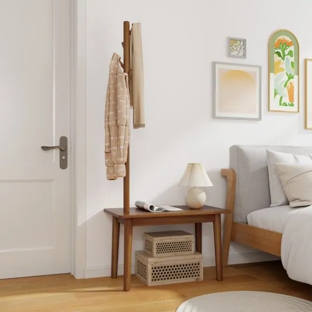 Cabide entrada com Mesa de apoio 2 em 1 de madeira maciça para quarto com sapateira e 3 cabides para casacos 76 x 43 x 168 cm Castanho