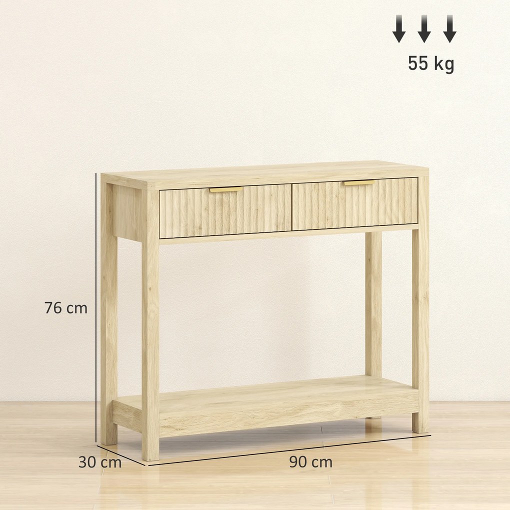 Mesa Consola de entrada de 90 cm, mesa de entrada estreita com 2 gavetas com ranhuras e prateleira, estilo moderno, madeira natural