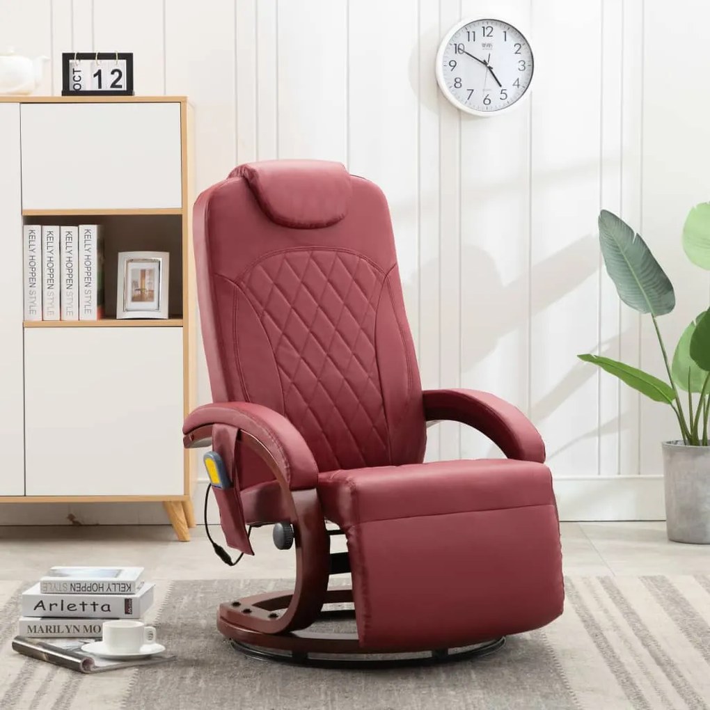 vidaXL Cadeira massagens reclinável TV couro artificial vermelho tinto