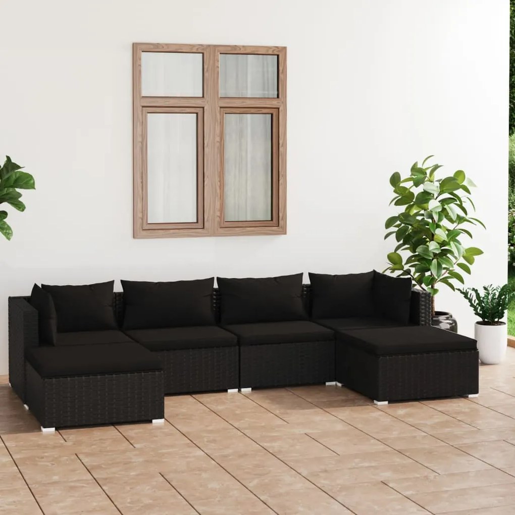 vidaXL 6 pcs conjunto lounge de jardim c/ almofadões vime PE preto