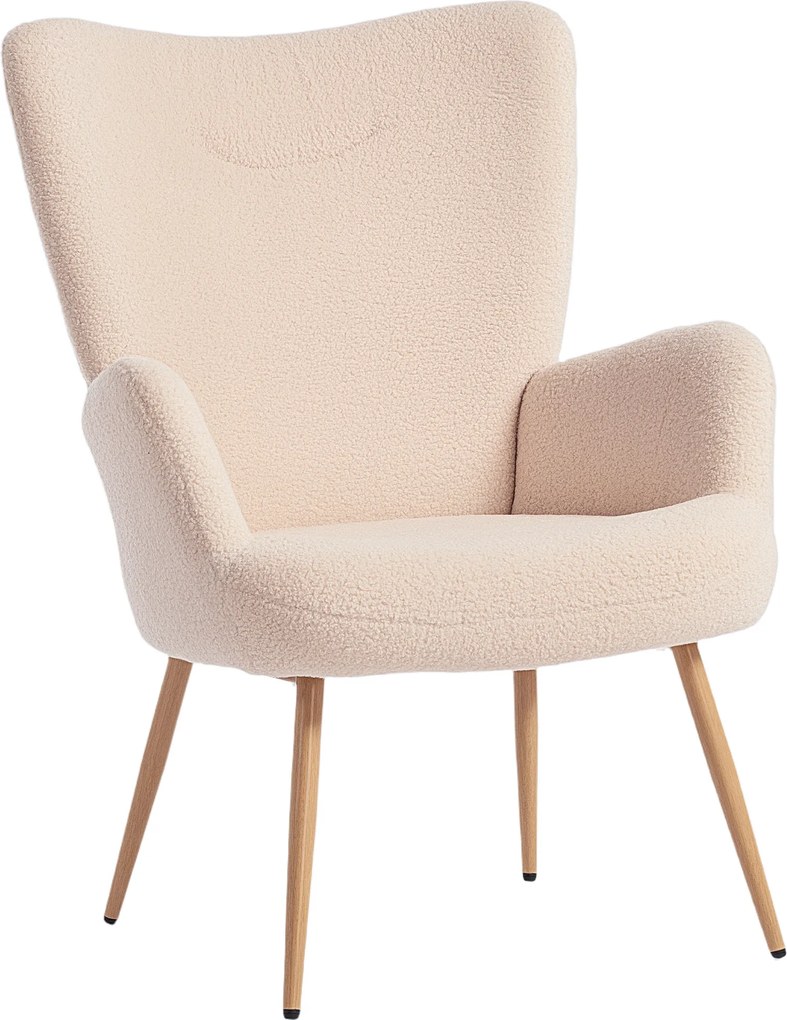 Poltrona de sala, poltrona auxiliar estofada em tecido bouclé com encosto alto e braços, 71 x 74 x 97,5 cm, bege