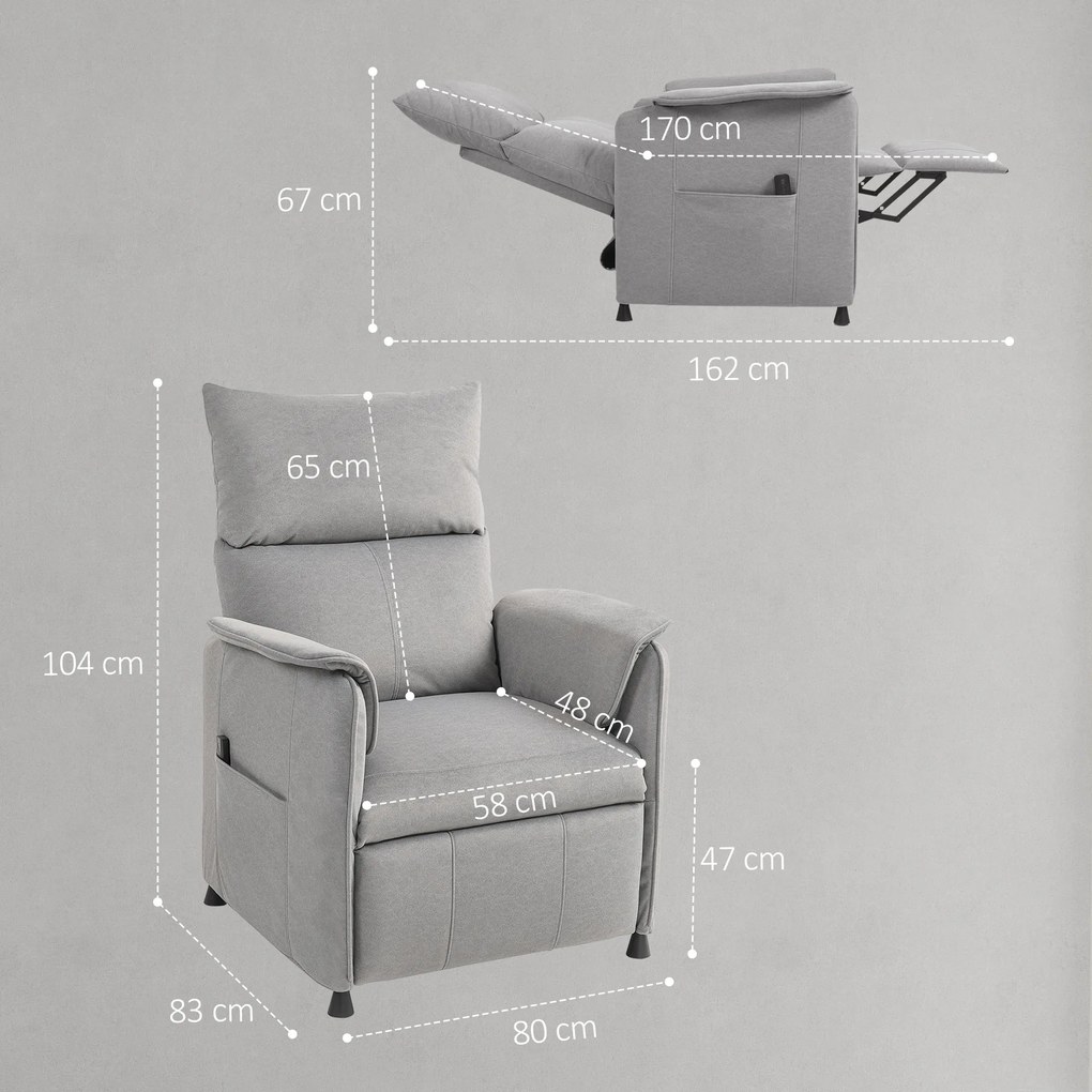 Poltrona relax elétrica com função de memória, 80 x 83 x 104 cm apoio para os pés retrátil, comando à distância, cinzenta
