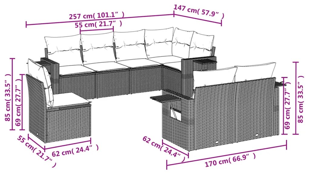 8 pcs conjunto sofás de jardim com almofadões vime PE preto