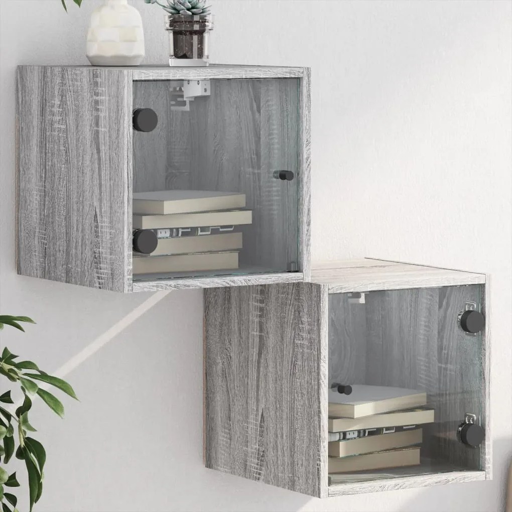 Mesa cabeceira c/ portas vidro 2 pcs 35x37x35cm cinzento sonoma