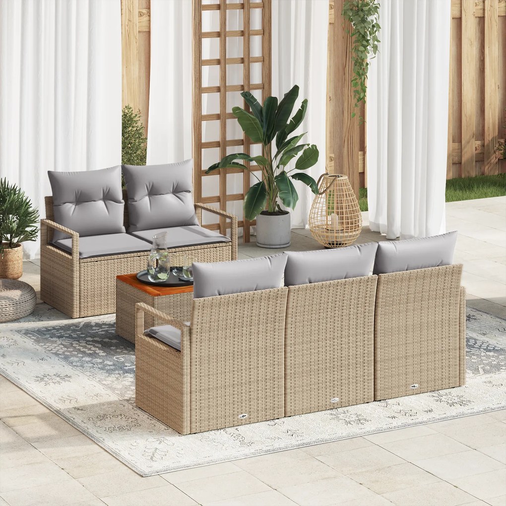 Conjunto de Sofá de Jardim vidaXL 6 Peças com Almofadas Bege Vime Acác