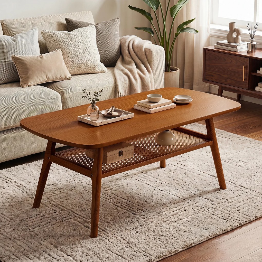 Mesa de Centro Retangular, 100 x 53,5 x 45,5 cm, Prateleira de Rotim PE, Castanho