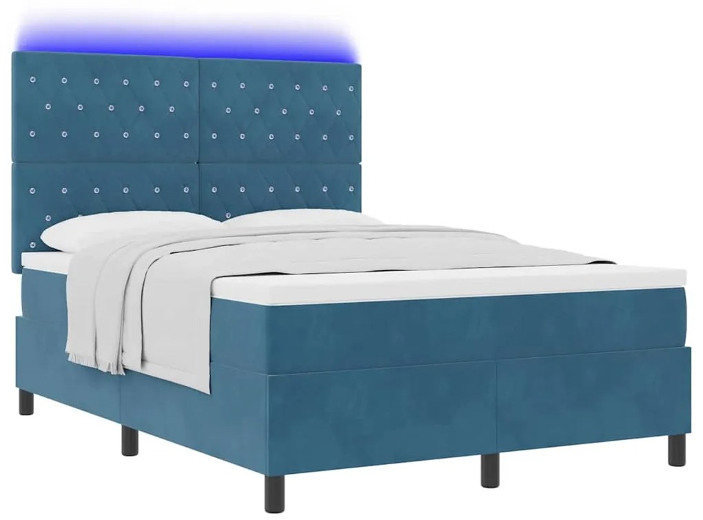 Cama Box Spring vidaXL com Colchão e LED Azul Escuro 140x190 cm Veludo