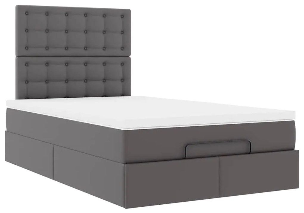 Estrutura de cama otomana com colchão cinza couro falso