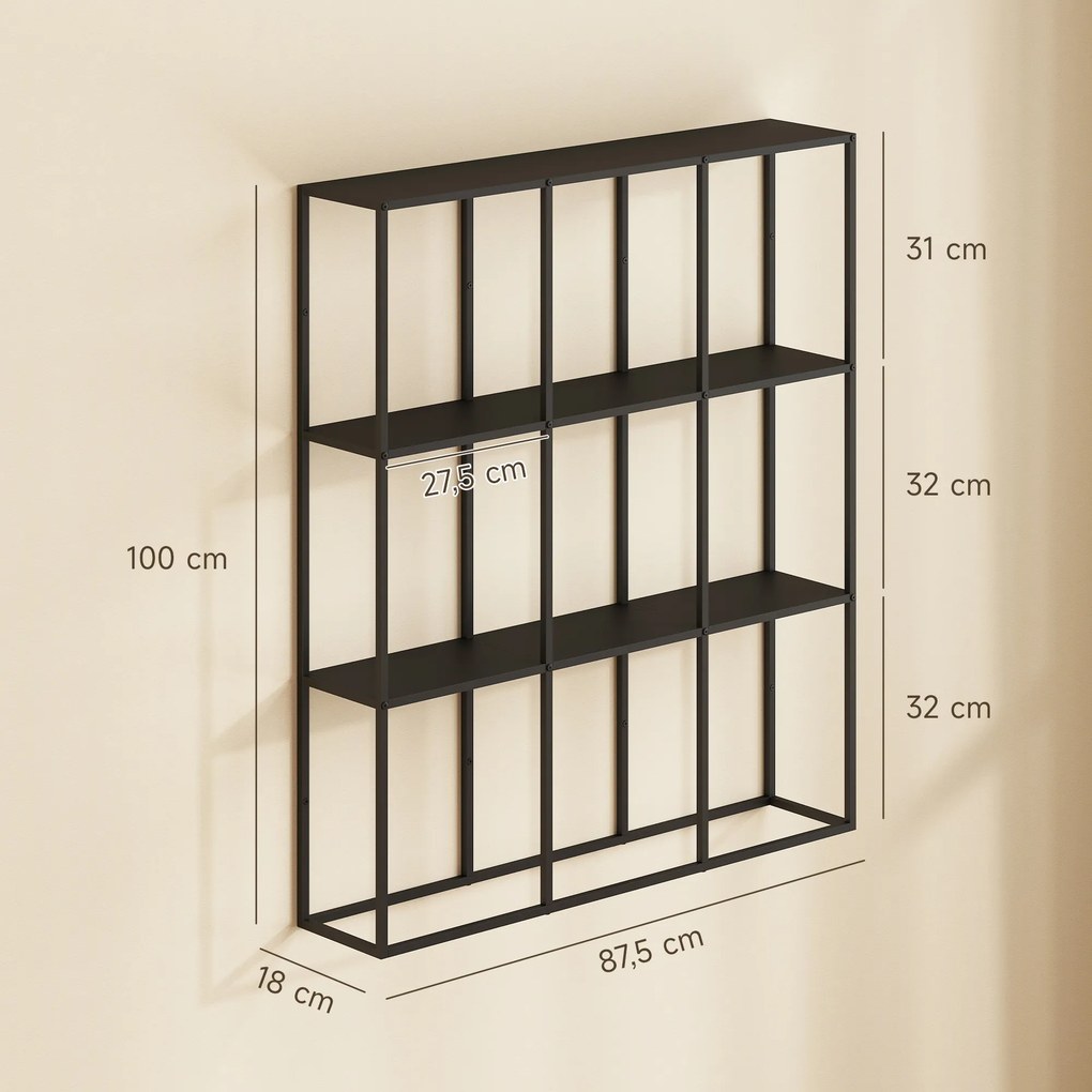 Prateleira de parede industrial com 9 compartimentos 87,5 x 18 x 100 cm, prateleira modular em metal para objetos de coleção, preta