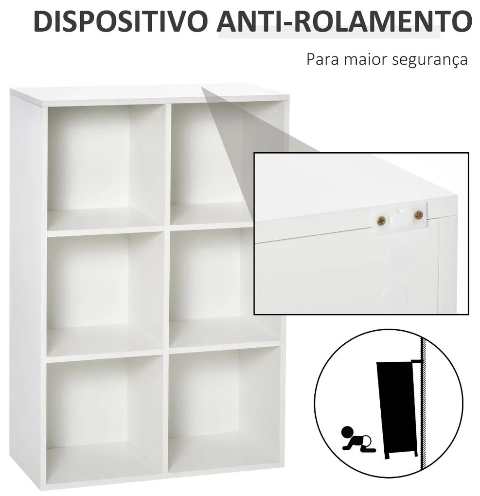 Estante para Livros Estante de Madeira de 3 Níveis com 6 Compartimentos de Armazenamento para Sala de Estar Dormitório Escritório 65,5x30x97,5cm Branc