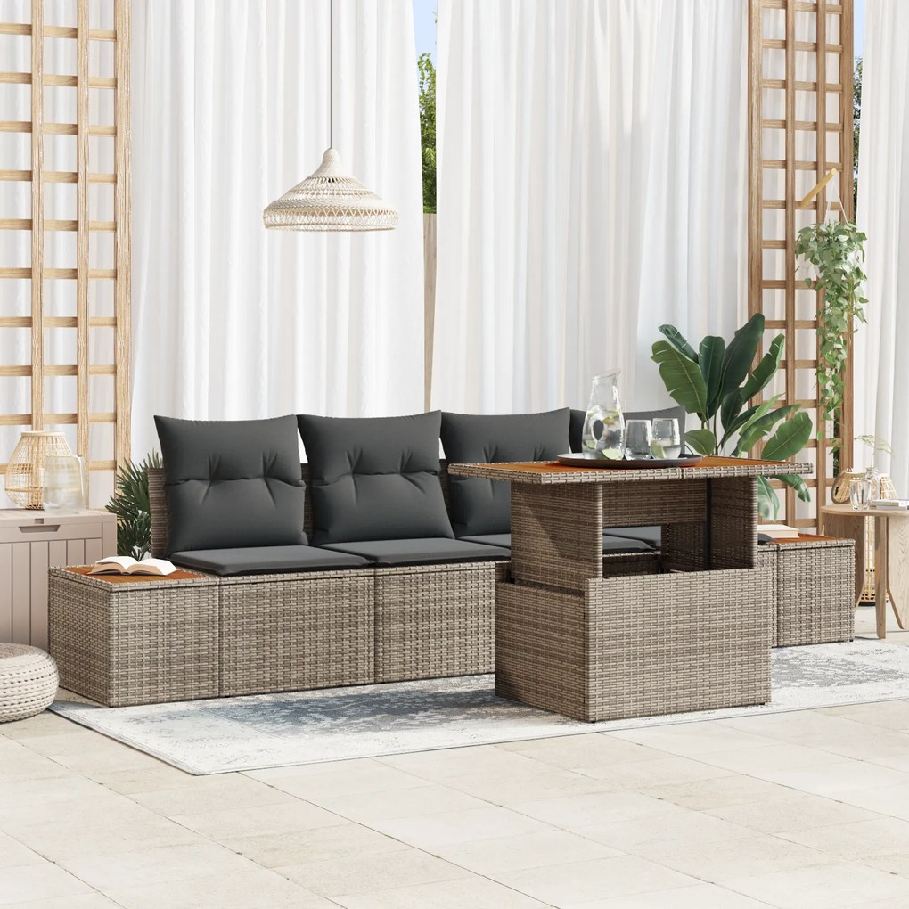 vidaXL Conjunto de Jantar de Jardim com 5 Peças com Almofadas Cinza em Rattan de Polietileno e Acácia