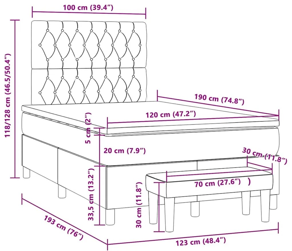 Cama boxspring com colchão 120x190 cm veludo preto