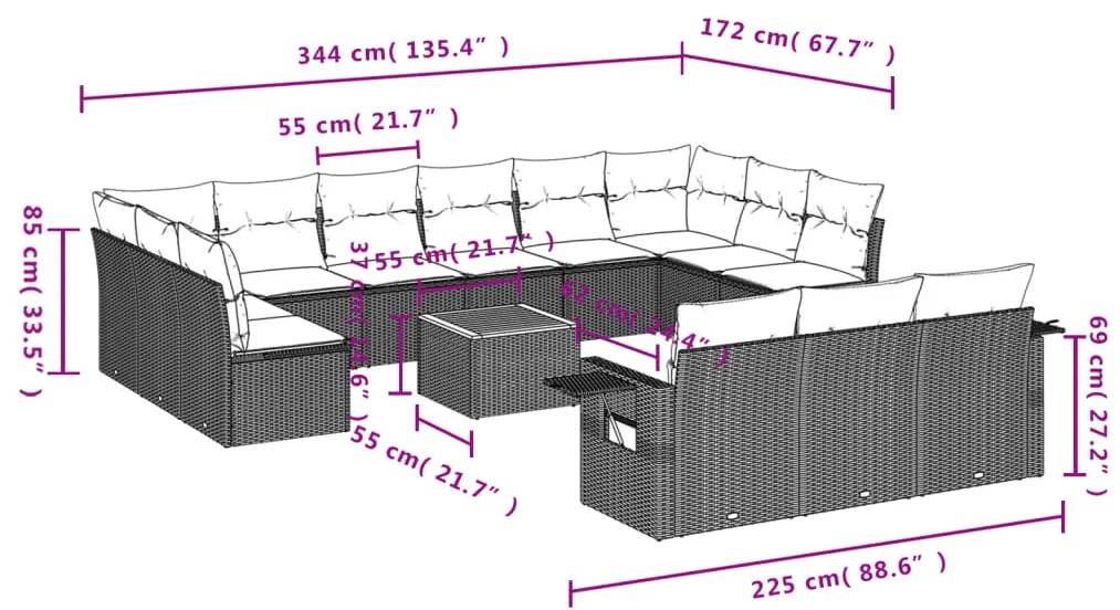 14 pcs conj. sofás jardim c/ almofadões vime PE bege misturado