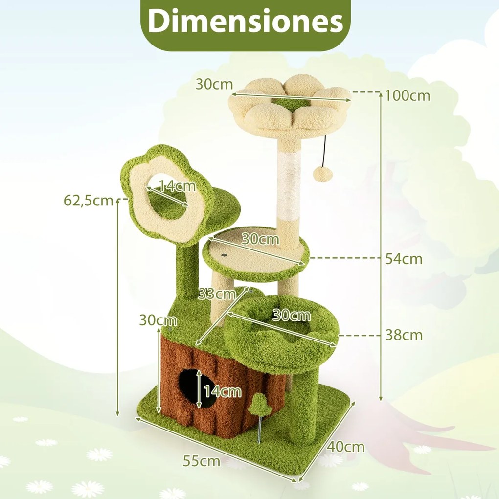 Arranhador para gatos, bosque com tronco, plataforma floral acolchoada, arranhador de sisal e brinquedos verde e castanho